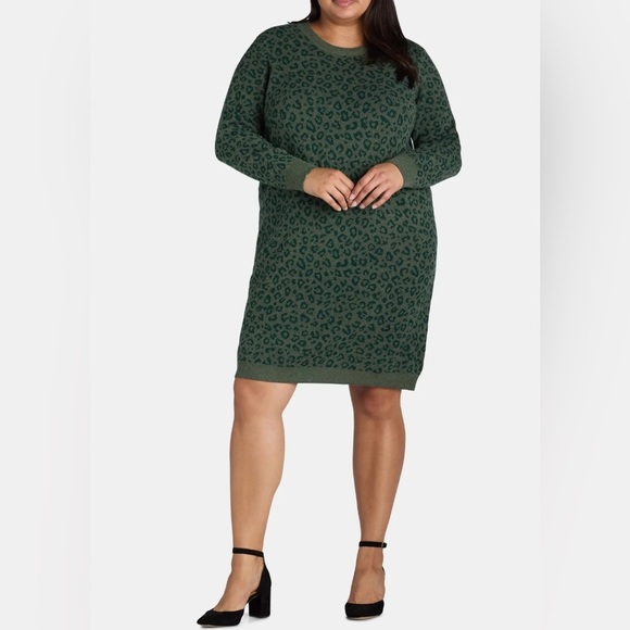 NWT Terra & Sky Women's Plus Size Scoop Neck Leopard Print Sweater Dress 3x - Picture 1 of 10